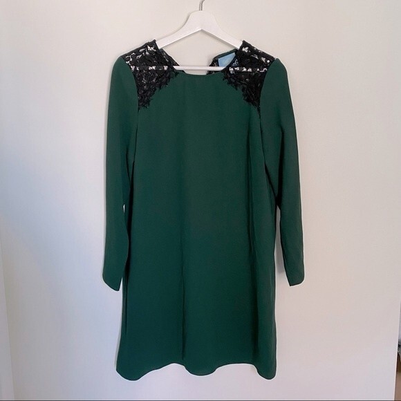 Cece by Cynthia Steffe Dress Forest Green Black Lace Trim Shift Long Sleeve Mini - Picture 1 of 8